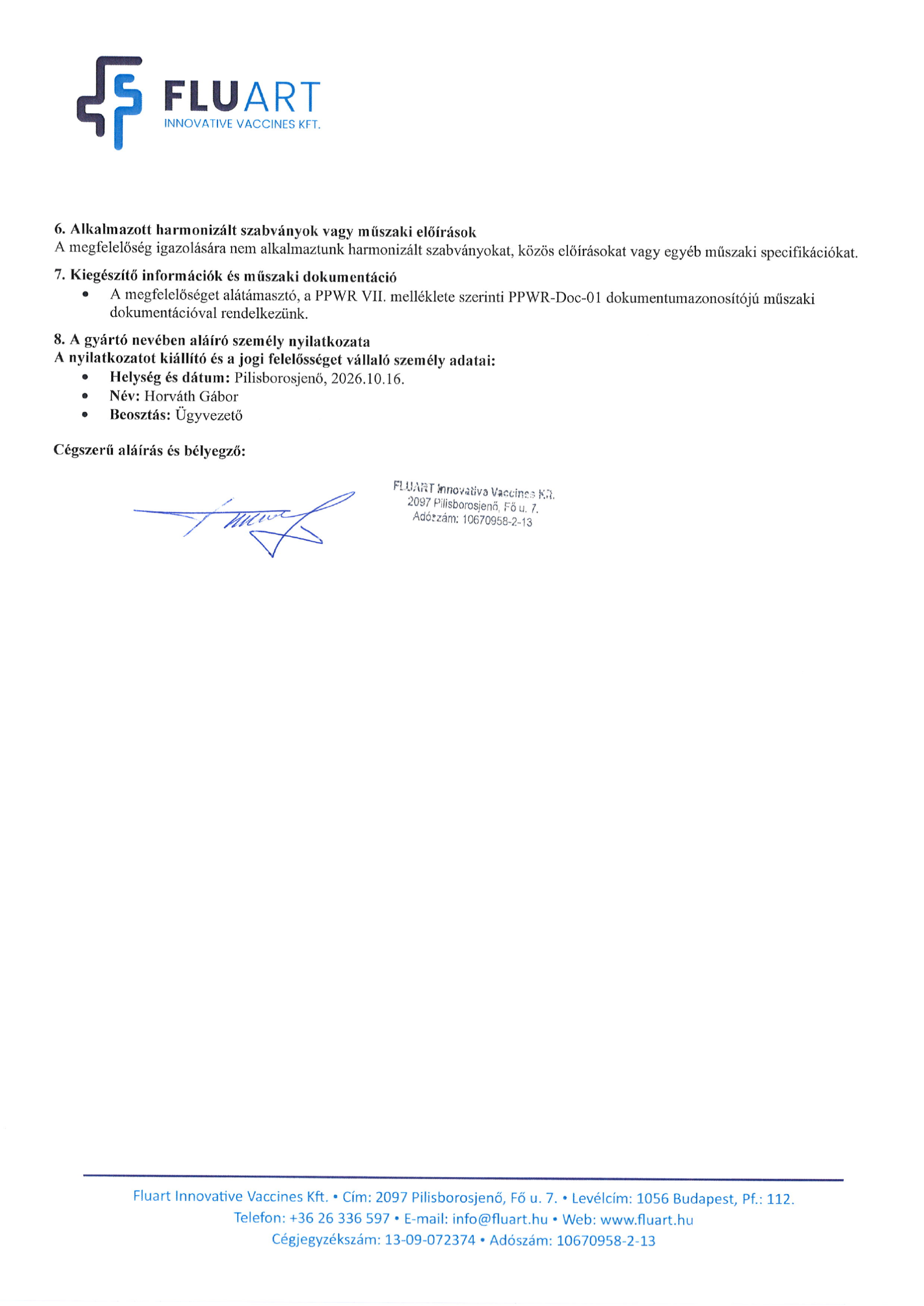 EU megfelelőségi nyilatkozat – 2. oldal, aláírással és bélyegzővel